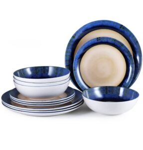 blue melamine dinnerware sets, melamine dishes set for 4, 12pcs plates and bowls sets,unbreakable dinnerware, lightweight, dishwasher safe, bpa free, great for outdoor use, gradient color