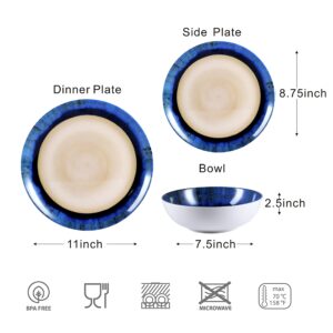 Blue Melamine Dinnerware Sets, Melamine Dishes Set for 4, 12PCS Plates and Bowls Sets,Unbreakable Dinnerware, Lightweight, Dishwasher Safe, BPA Free, Great for Outdoor Use, Gradient Color