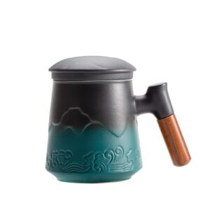zens tea cup with infuser and lid, wood handle loose leaf tea steeper mug, 15.2 ounces gradient embossed ceramic tea strainer mug for gifts, black&green