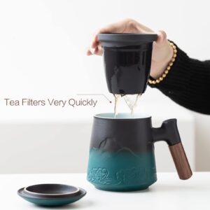 ZENS Tea Cup with Infuser and Lid, Wood Handle Loose Leaf Tea Steeper Mug, 15.2 Ounces Gradient Embossed Ceramic Tea Strainer Mug for Gifts, Black&Green