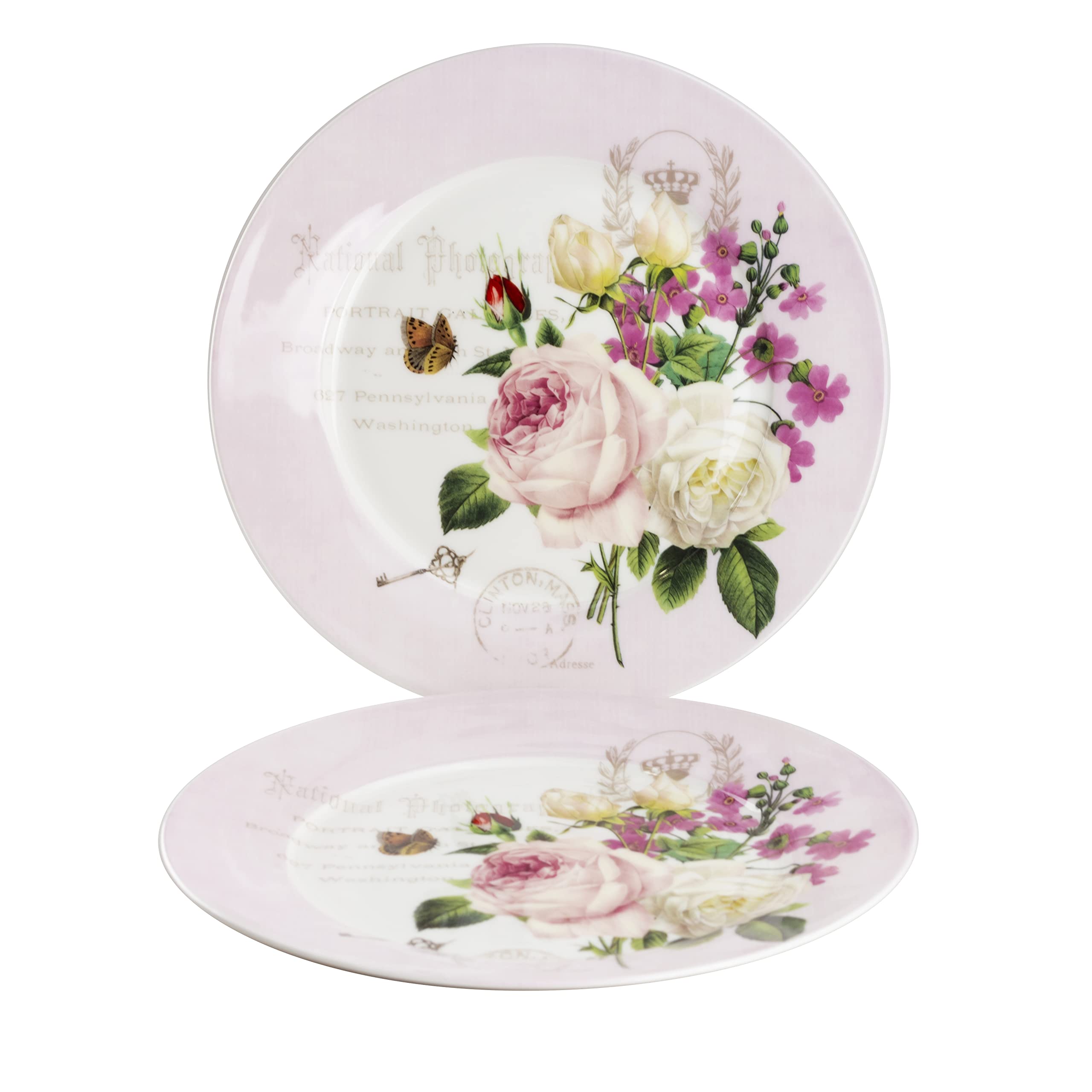 Gracie Bone China Pink Rose Butterfly Set of 2 Dinner Plates, 10.5-Inch