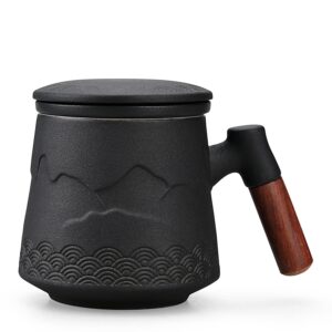 ncqixiao tea cup with infuser and lid, gradual mountain and spray tea mug cups with infuser, wood handle ceramic coffee mug with lid tea 430ml/14.50 oz (black)