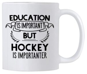 funny education is important but hockey is importanter 11 oz coffee mug. gift idea for players or sports fan. (white)