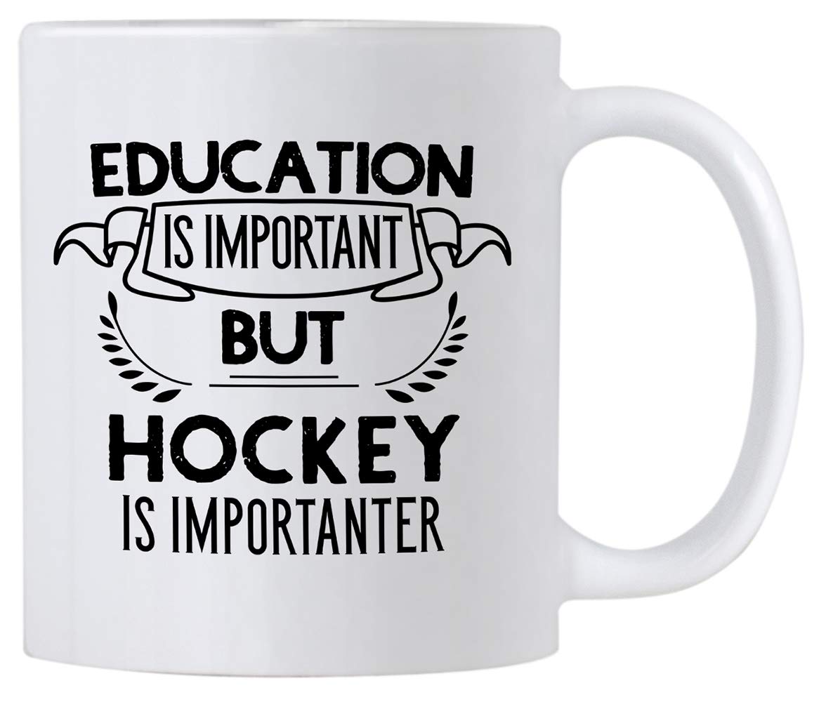 Funny Education Is Important But Hockey Is Importanter 11 oz Coffee Mug. Gift Idea For Players or Sports Fan. (White)