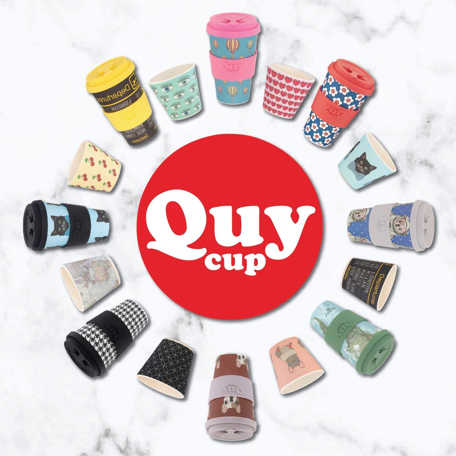 QUY CUP. Apollo. Bamboo Coffee To Go Mug - Set of 2, 14 oz. Italian Design, BPA Free Ecofriendly Cups, 2 Reusable Travel Mugs