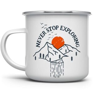never stop exploring enamel campfire mug, outdoor enthusiast camping coffee cup, wanderlust mountain nature hiking camp lover gift (12oz)