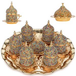 Alisveristime Crystal Embellished Turkish Coffee Set – 27 Pieces – Decorative Zamac Espresso Cups, Saucers and Sugar Bowl with Tray – Available in Three Color Variations (Multi)