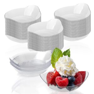 100 pcs dessert plates, mini clear disposable dessert bowls, oval plastic ice cream cups appetizer tray, sauce dish/bowls, tomato sauce, salad dressing for bbq, home, party, picnic, wedding gatherings