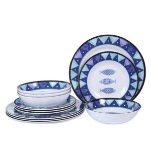 12-piece melamine dinnerware set,includes dinner plates,salad plates bowls service for 4,reusable picnic tableware dinnerware for summer outdoors,dishwasher safe (nautical fish)