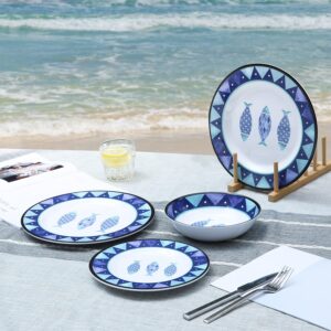 12-Piece Melamine Dinnerware Set,Includes Dinner Plates,Salad Plates Bowls Service for 4,Reusable Picnic Tableware Dinnerware for Summer Outdoors,Dishwasher Safe (Nautical fish)