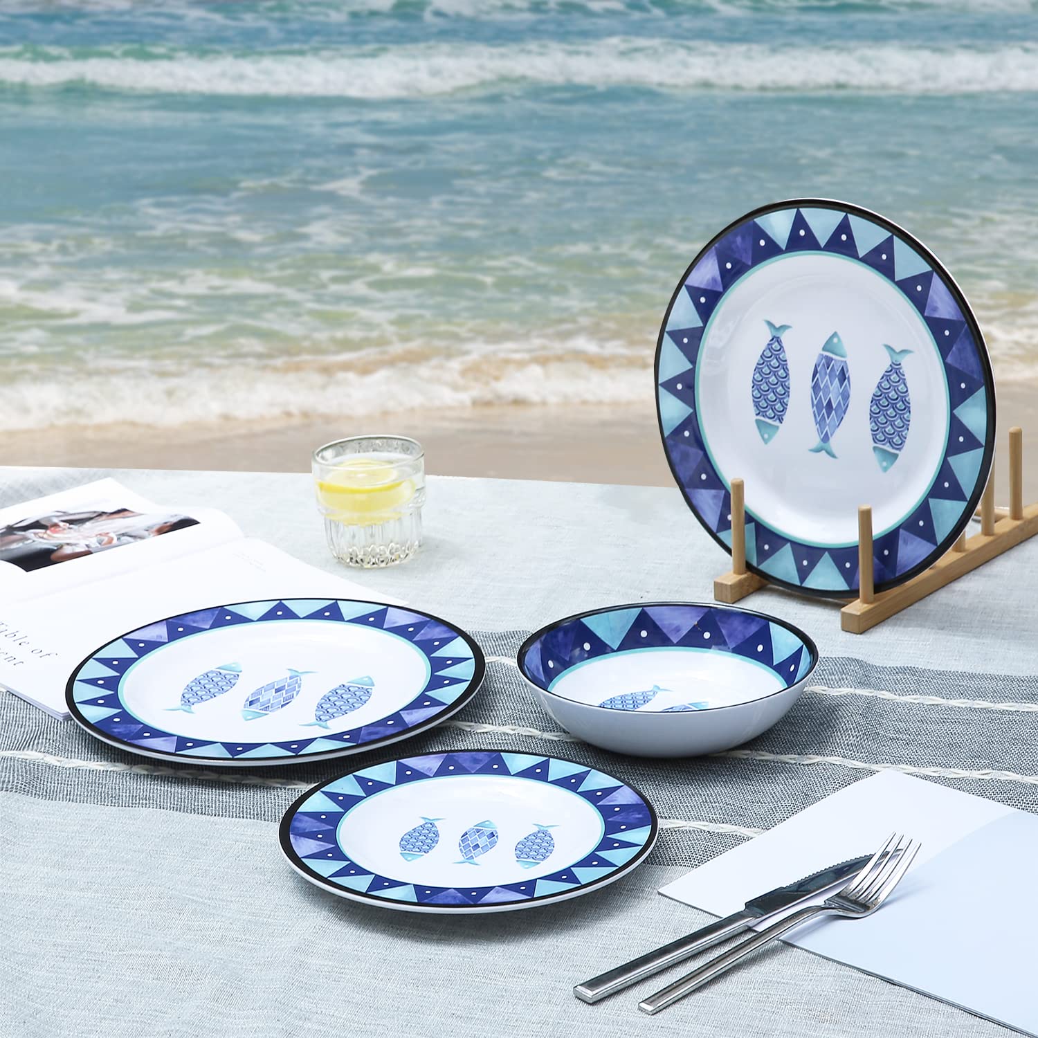 12-Piece Melamine Dinnerware Set,Includes Dinner Plates,Salad Plates Bowls Service for 4,Reusable Picnic Tableware Dinnerware for Summer Outdoors,Dishwasher Safe (Nautical fish)