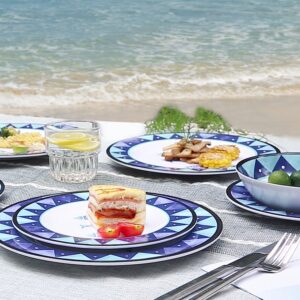 12-Piece Melamine Dinnerware Set,Includes Dinner Plates,Salad Plates Bowls Service for 4,Reusable Picnic Tableware Dinnerware for Summer Outdoors,Dishwasher Safe (Nautical fish)