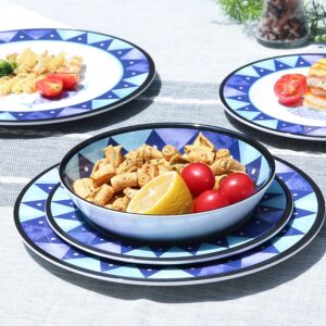 12-Piece Melamine Dinnerware Set,Includes Dinner Plates,Salad Plates Bowls Service for 4,Reusable Picnic Tableware Dinnerware for Summer Outdoors,Dishwasher Safe (Nautical fish)