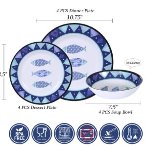 12-Piece Melamine Dinnerware Set,Includes Dinner Plates,Salad Plates Bowls Service for 4,Reusable Picnic Tableware Dinnerware for Summer Outdoors,Dishwasher Safe (Nautical fish)