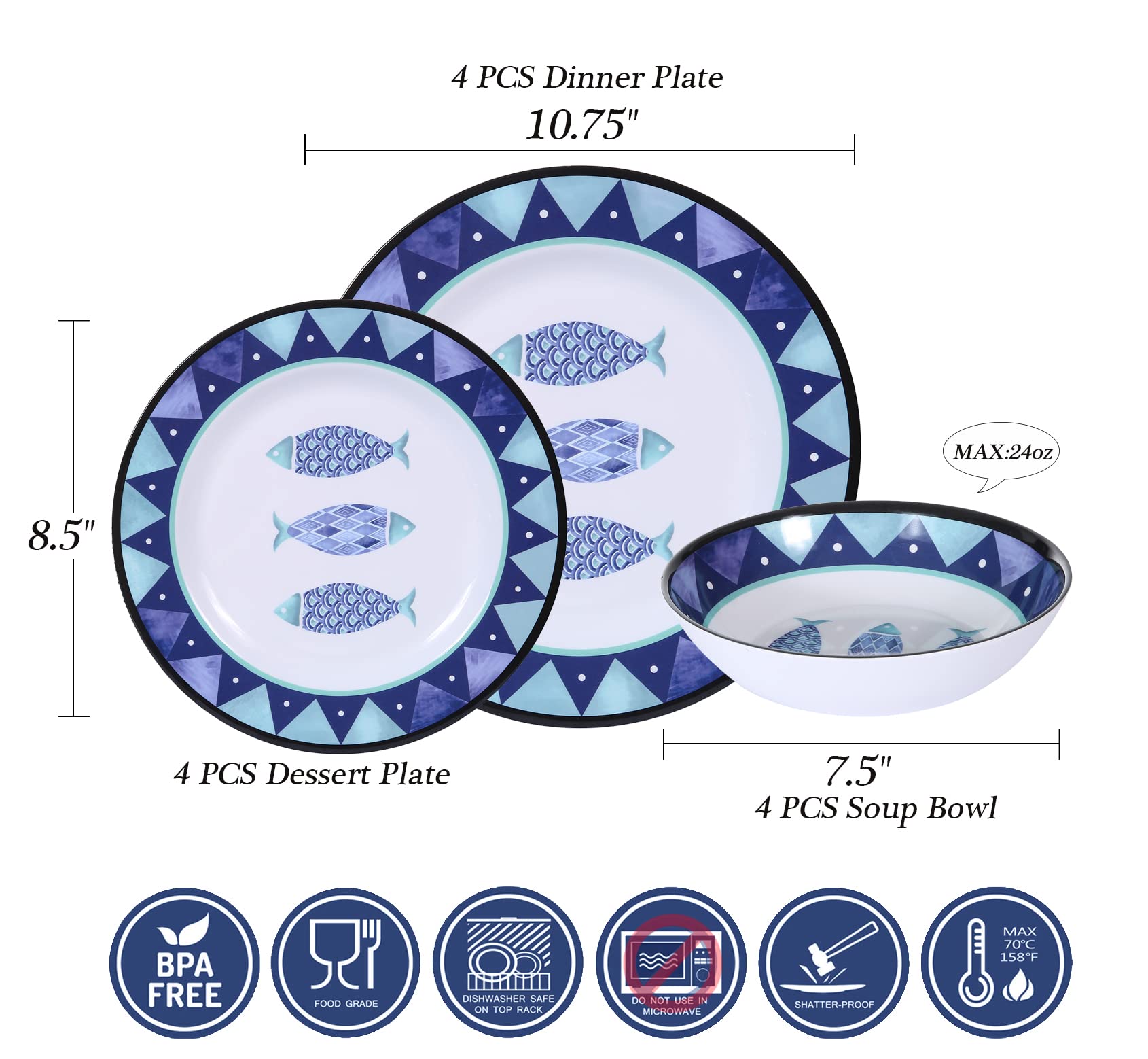 12-Piece Melamine Dinnerware Set,Includes Dinner Plates,Salad Plates Bowls Service for 4,Reusable Picnic Tableware Dinnerware for Summer Outdoors,Dishwasher Safe (Nautical fish)