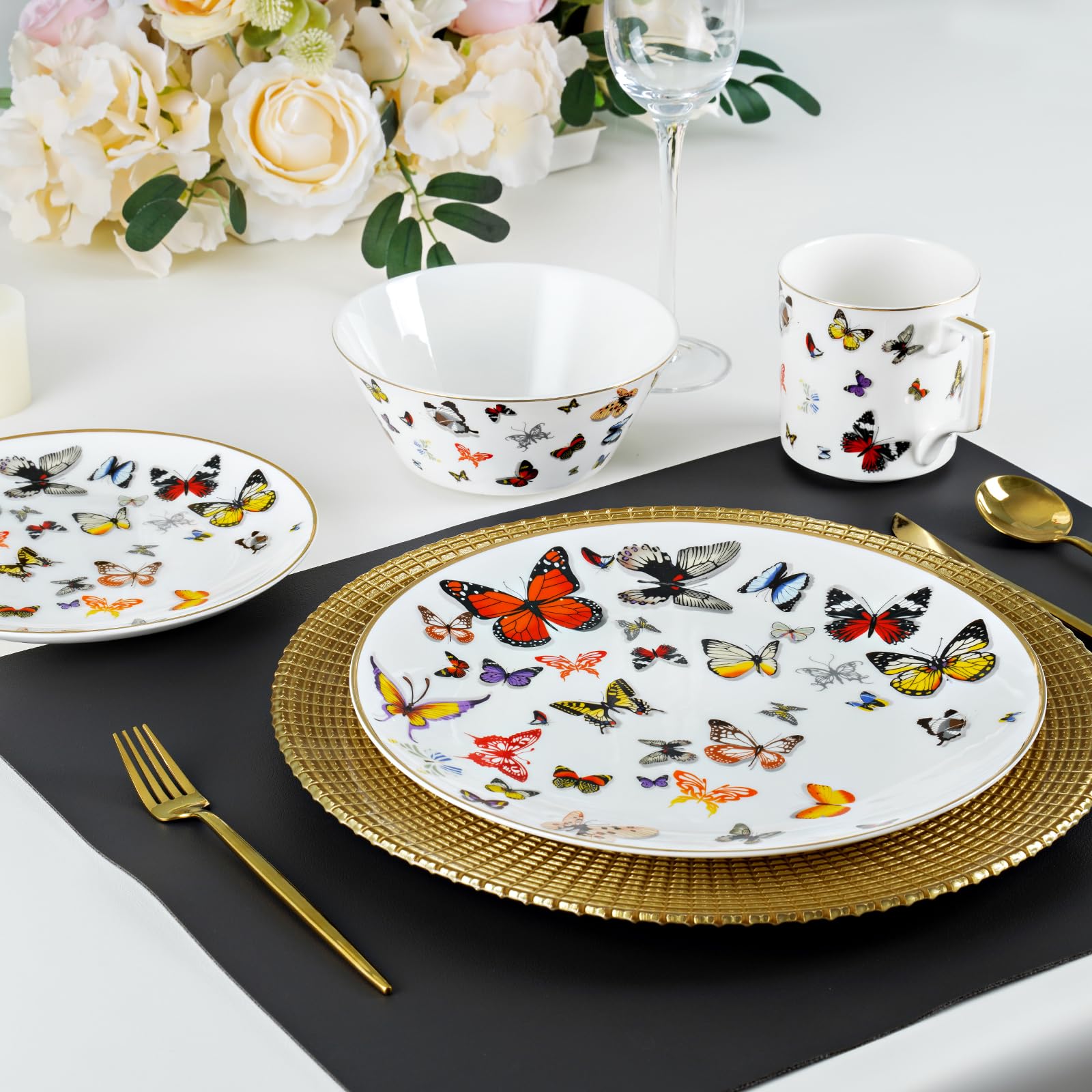 StarLuckINT 16-piece Bone China Dinnerware Set, Luxury Round Dish Sets with Golden Rim, Service for 4, Including Dinner Plates, Salad Plates, Bowls and Mugs, Translucent Lead Cadmium Free - Butterfly