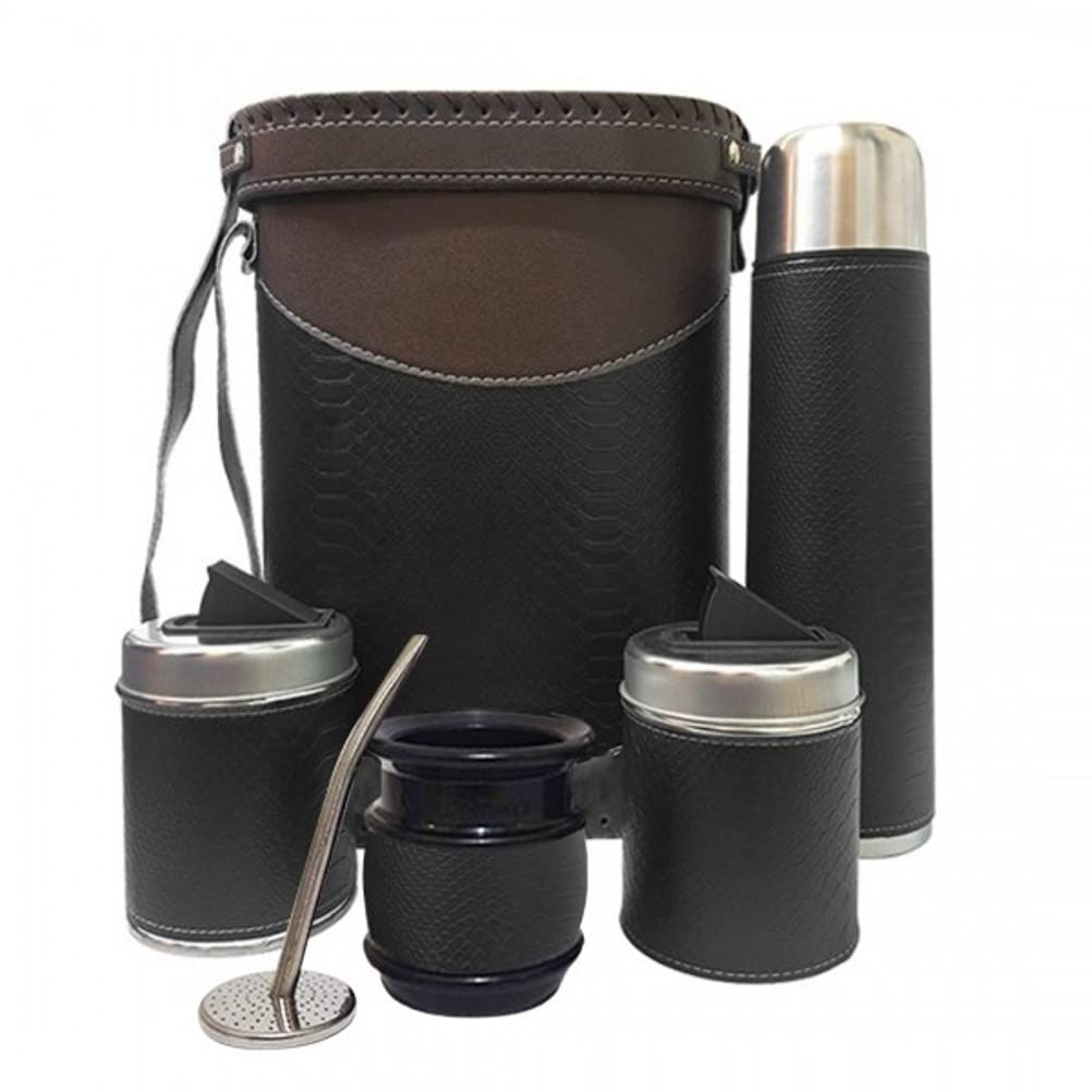 Eco Leather Complete Set to Drink Yerba Mate Kit All Accesories Included: – Containers – Gourd (Cup) – Bombilla (Straw) – Thermos – Bag, Black Brown, 34 X 23 X 12