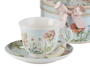 3.5" porcelain cup/saucer in gift box, dragonfly