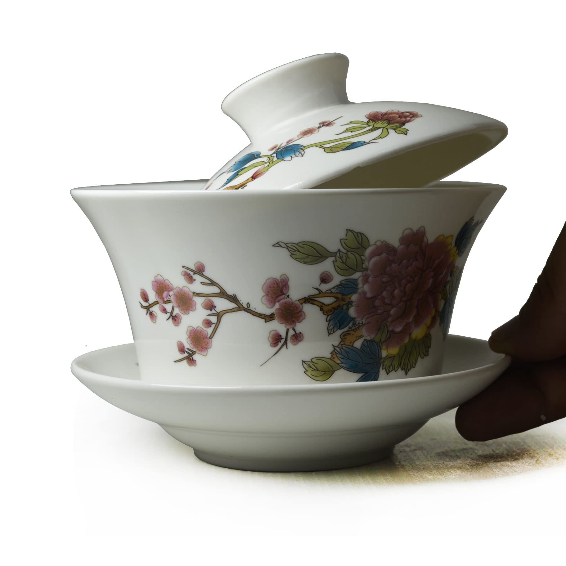 YXHUPOT Gaiwan White Porcelain Large Teacup Sancai Tea Cup Set Beauty Pattern Blum (16oz large bloom)