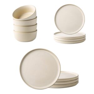 amorarc ceramic dinnerware set, service for 6 (12pcs), stoneware plates and bowls set,highly chip and crack resistant | dishwasher & microwave safe, matte-ivory rusticstyle