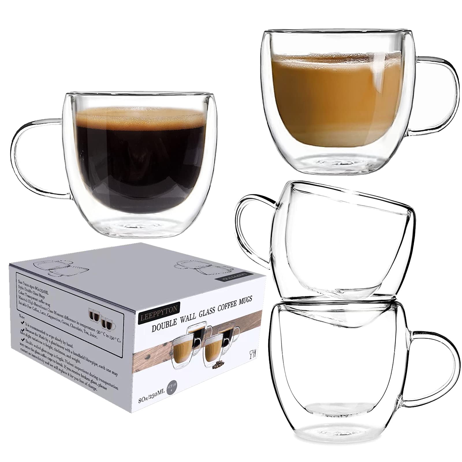 Set of 4 Double Walled Design Glass Tea Coffee Cup with Handles, Insulated Double Walled Glasses Heat Resistant Cappuccino Latte Tea Drinking Thermo Mugs (4pcs 250ml)