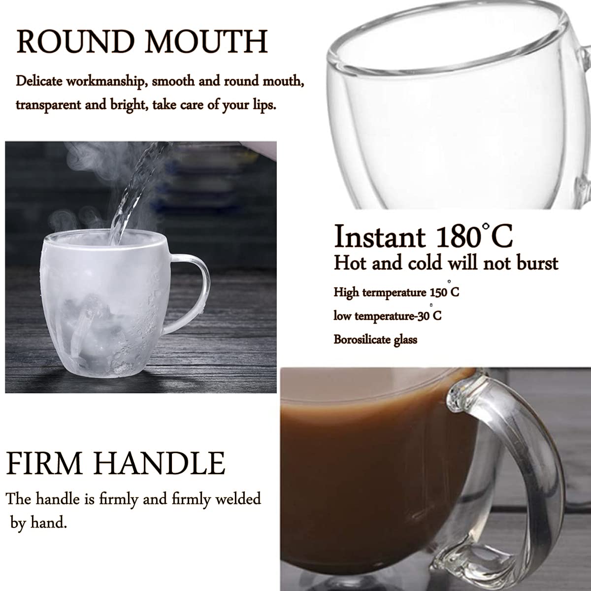 Set of 4 Double Walled Design Glass Tea Coffee Cup with Handles, Insulated Double Walled Glasses Heat Resistant Cappuccino Latte Tea Drinking Thermo Mugs (4pcs 250ml)