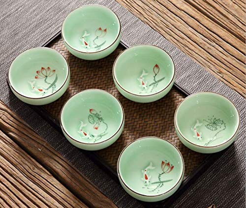 Hand Painted Kungfu Teacup,Chinese Long-quan Celadon Teacup,Fishes and Lotus Pattern,set of 6