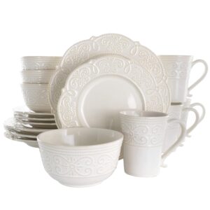 misc 16 piece embossed scalloped stoneware dinnerware set in white textured casual round dishwasher safe