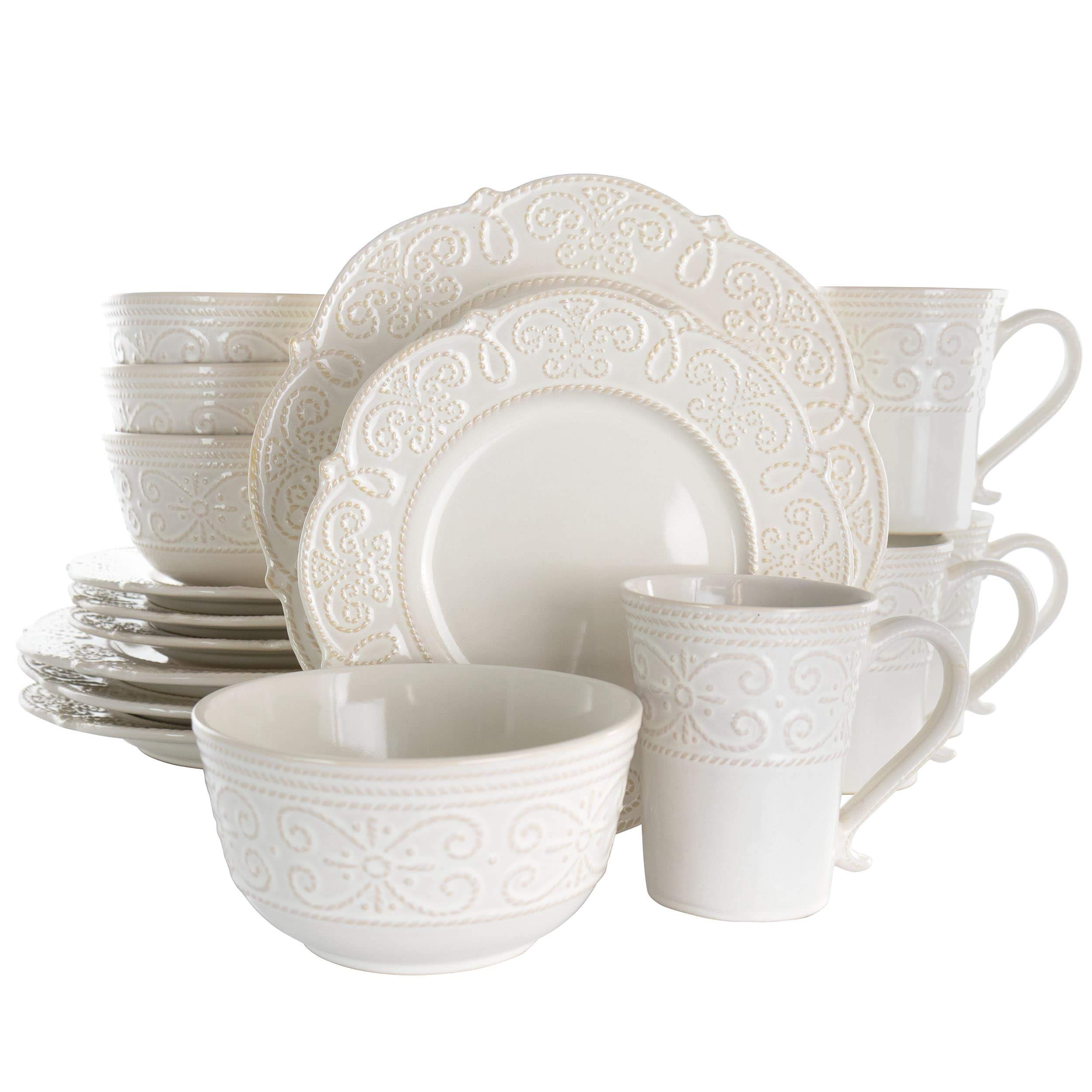 MISC 16 Piece Embossed Scalloped Stoneware Dinnerware Set in White Textured Casual Round Dishwasher Safe