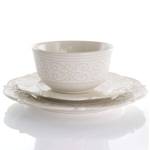 MISC 16 Piece Embossed Scalloped Stoneware Dinnerware Set in White Textured Casual Round Dishwasher Safe