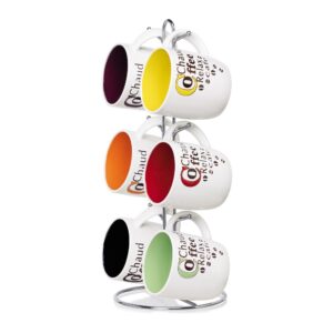 home basics printed coffee mug set for kitchen countertop (6 pieces), assorted colors tea, hot chocolate, and coffee mugs set of 6 | 8oz. ceramic coffee mugs | with stand
