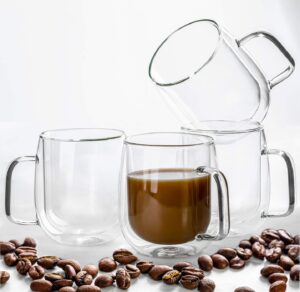 hovico insulated coffee mugs, glass coffee mugs set of 4, clear coffee mug 12 oz, double wall glass coffee cups for latte, cappuccino, americano, tea and beverage