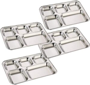 khandekar pack of 4 stainless steel lunch plate, 5 compartment thali, food divided plates, dinner plate set, outdoor camping and everyday use