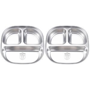 2 pack stainless steel divided plate small child plate with 3-compartment, portion control serving platter, mess food sectioned tray for dinner, lunch, cafeteria, kids 6 inches