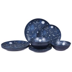 gofunfun 12 piece melamine dinnerware sets for 4 - starry pattern camping dishes set for indoor and outdoor use, dishwasher safe plates and bowls sets, dark blue