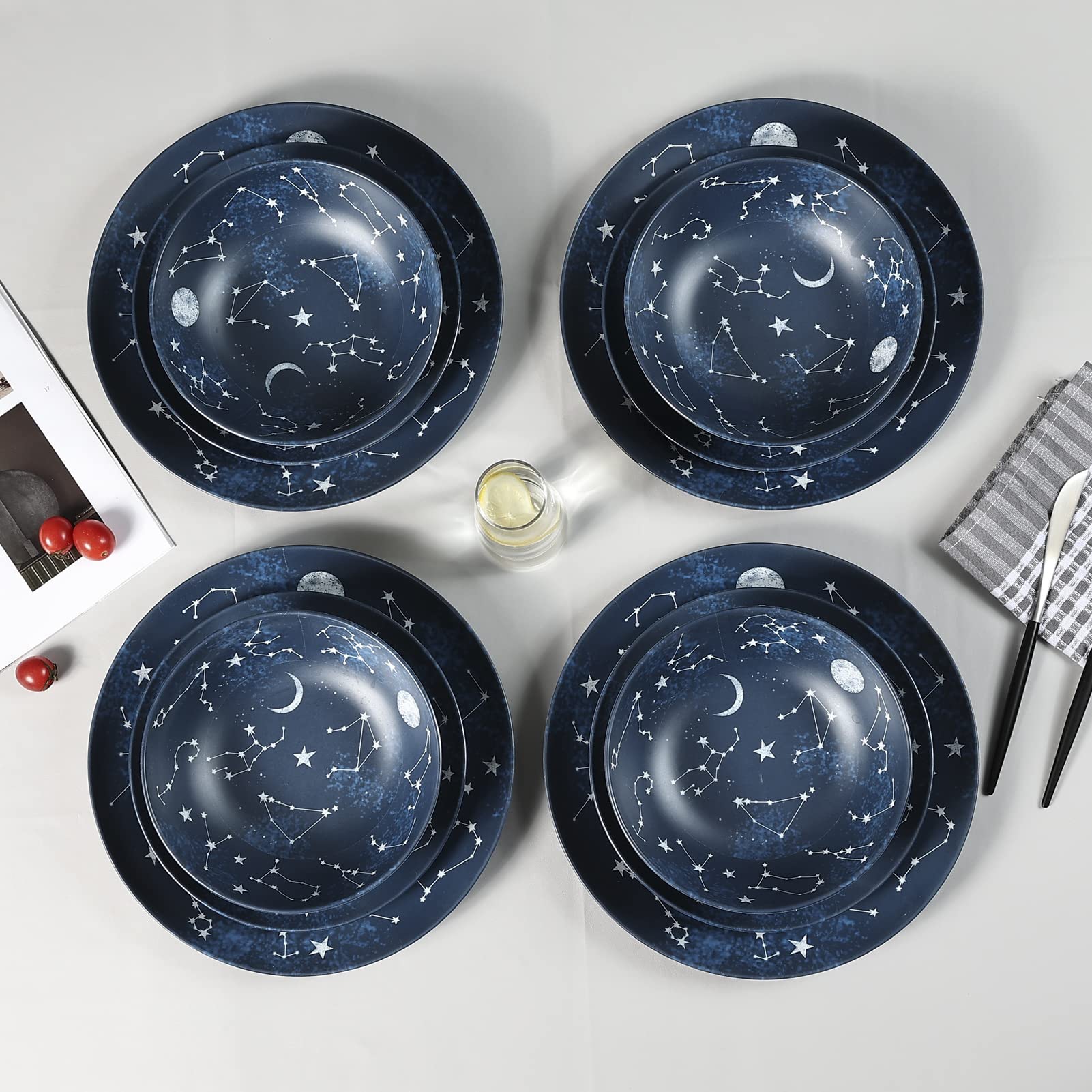 Gofunfun 12 Piece Melamine Dinnerware Sets for 4 - Starry Pattern Camping Dishes Set for Indoor and Outdoor Use, Dishwasher Safe Plates and Bowls Sets, Dark Blue