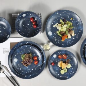 Gofunfun 12 Piece Melamine Dinnerware Sets for 4 - Starry Pattern Camping Dishes Set for Indoor and Outdoor Use, Dishwasher Safe Plates and Bowls Sets, Dark Blue