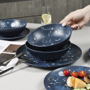 Gofunfun 12 Piece Melamine Dinnerware Sets for 4 - Starry Pattern Camping Dishes Set for Indoor and Outdoor Use, Dishwasher Safe Plates and Bowls Sets, Dark Blue