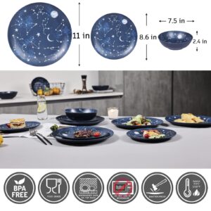 Gofunfun 12 Piece Melamine Dinnerware Sets for 4 - Starry Pattern Camping Dishes Set for Indoor and Outdoor Use, Dishwasher Safe Plates and Bowls Sets, Dark Blue