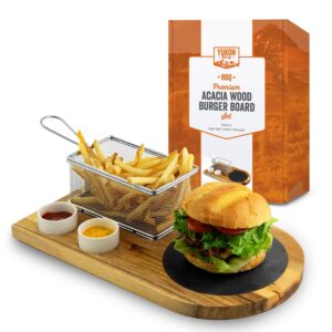 yukon glory™ burger serving set, perfect for foodies, burger lovers and tablescapes, includes premium acacia wood board with slate, stainless steel fry basket and porcelain condiment cups,
