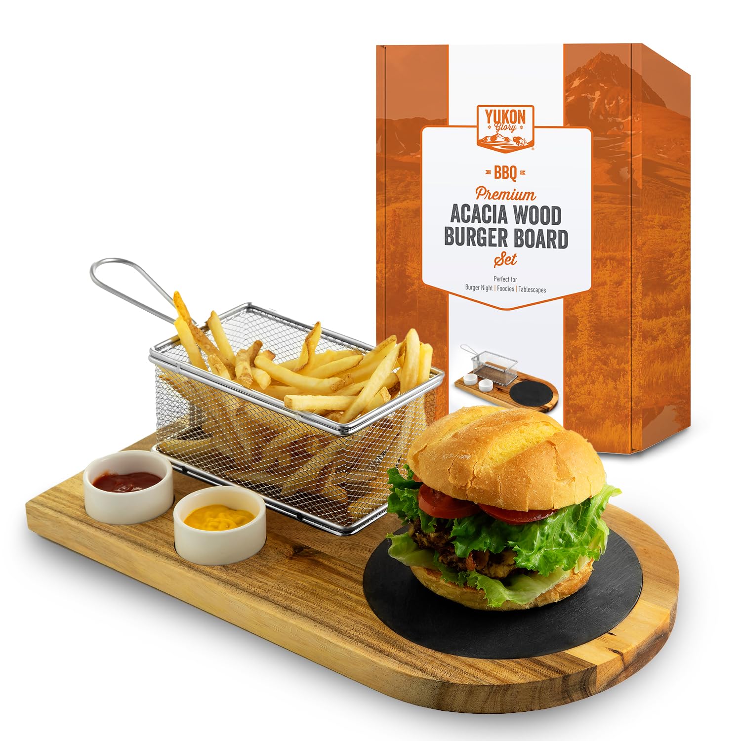 Yukon Glory™ Burger Serving Set, Perfect For Foodies, Burger Lovers and Tablescapes, Includes Premium Acacia Wood Board With Slate, Stainless Steel Fry Basket and Porcelain Condiment Cups,