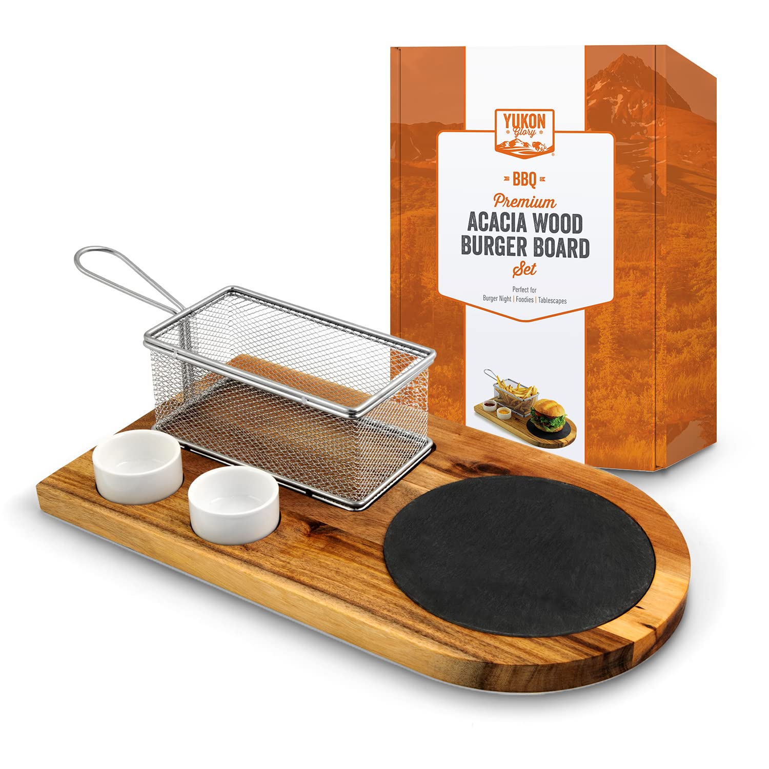 Yukon Glory™ Burger Serving Set, Perfect For Foodies, Burger Lovers and Tablescapes, Includes Premium Acacia Wood Board With Slate, Stainless Steel Fry Basket and Porcelain Condiment Cups,