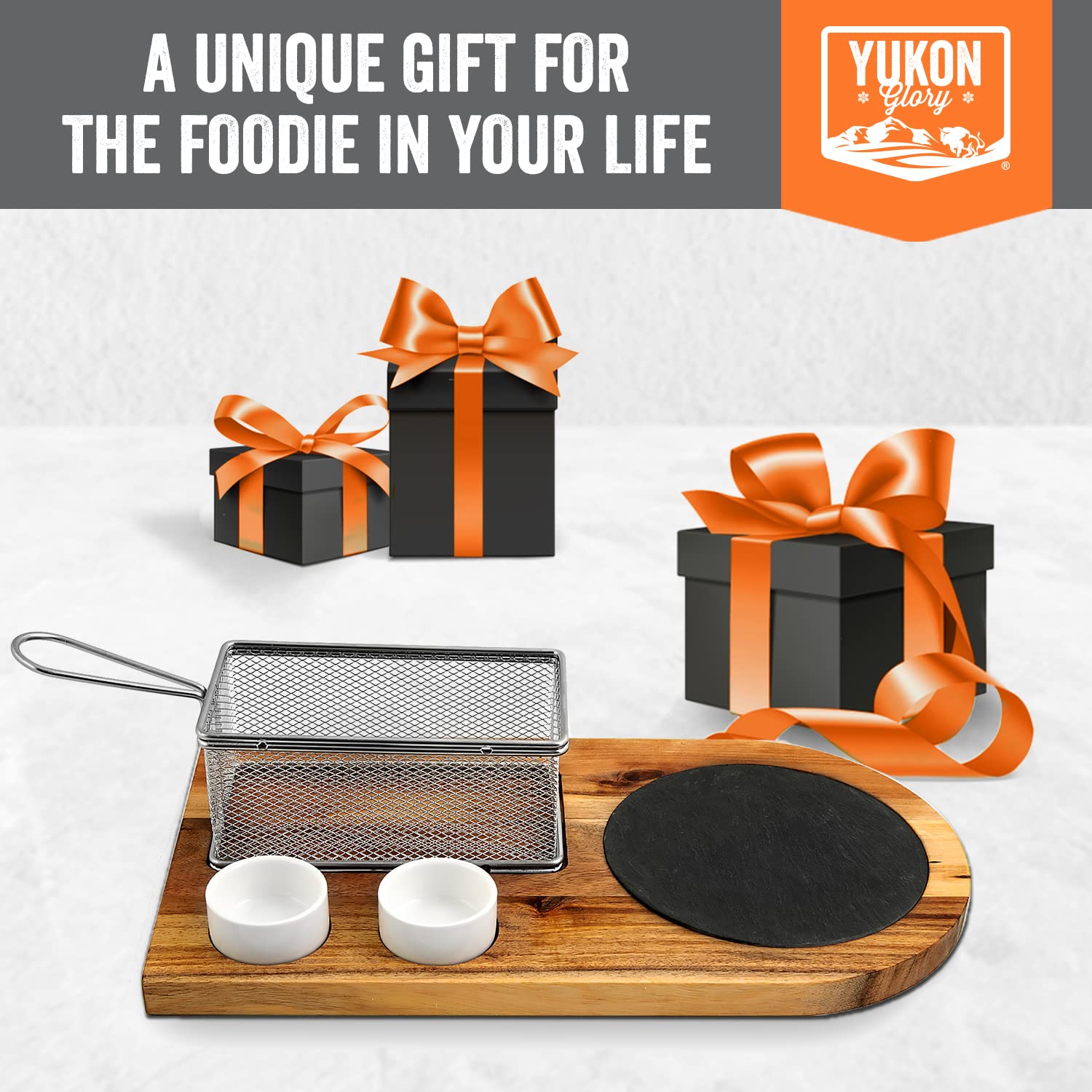 Yukon Glory™ Burger Serving Set, Perfect For Foodies, Burger Lovers and Tablescapes, Includes Premium Acacia Wood Board With Slate, Stainless Steel Fry Basket and Porcelain Condiment Cups,