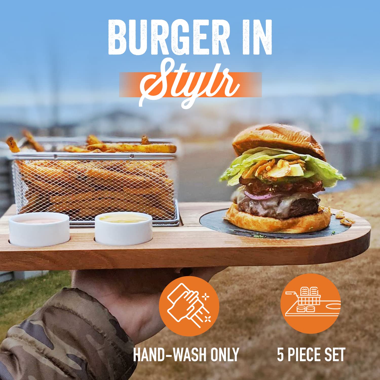 Yukon Glory™ Burger Serving Set, Perfect For Foodies, Burger Lovers and Tablescapes, Includes Premium Acacia Wood Board With Slate, Stainless Steel Fry Basket and Porcelain Condiment Cups,