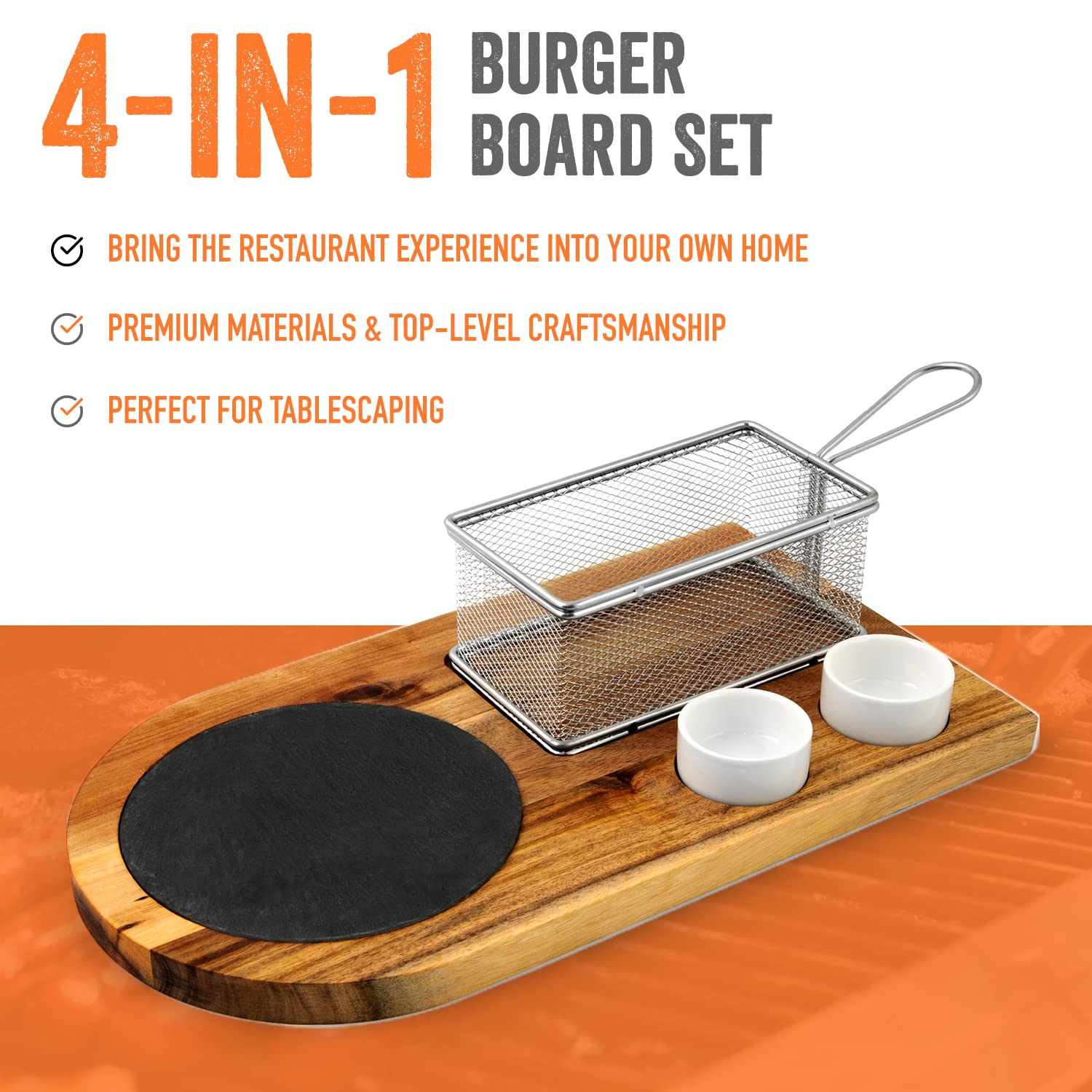 Yukon Glory™ Burger Serving Set, Perfect For Foodies, Burger Lovers and Tablescapes, Includes Premium Acacia Wood Board With Slate, Stainless Steel Fry Basket and Porcelain Condiment Cups,
