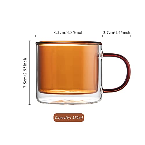 SMALLSHS Clear&Colorful Double Walled Glass Coffee Mug, Insulated Colored Latte Cup with Handle for Hot&Cold Beverages, Clear Thick Tumbler for Home Office Drinking (Clear brown)