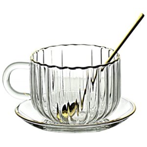 amokk clear glass mugs tea cup and saucer with spoon for coffee, milk, tea 15 oz