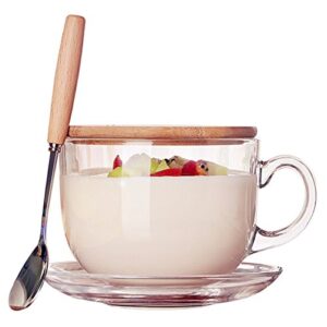16oz morning mug clear glass tea cup coffee mug with bamboo lid and saucer,spoon