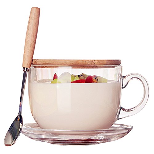 16oz Morning Mug Clear Glass Tea Cup Coffee Mug with Bamboo Lid and Saucer,Spoon