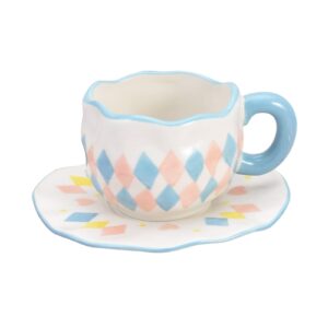 koythin ceramic coffee mug with saucer set, cute creative rhombus lattice cup unique irregular design for office and home, 10 oz/300 ml for latte tea milk (diamond check)